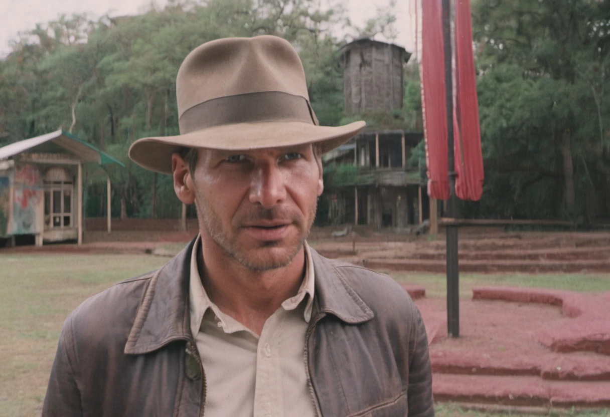 Indianajones Person visiting an abandoned six flags in New Orleans. Sideshow, eerie moody, iconic hat, film grain movie scene.