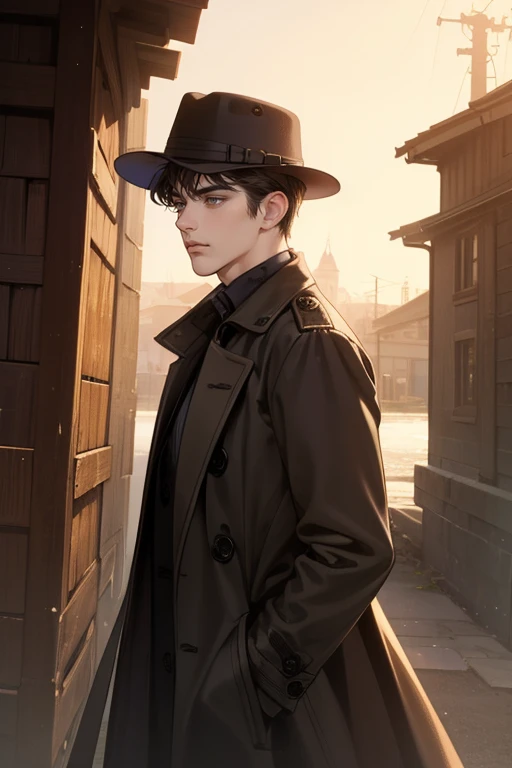 masterpiece, best quality, realistic, 1man, mature male, quiet and charming young man, 25 years old, close his eyes, serious look, extremely detailed face, ((dark grey eyes)), ((short-right-swept dark brown hair)), [thick eyebrows], detective, ((Dressed in a classic overcoat and fedora hat)), cinematic lighting, looking at the audience, posture dynamics, Victorian era