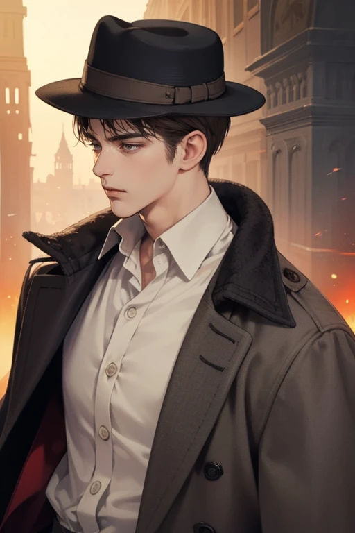 masterpiece, best quality, realistic, 1man, mature male, quiet and charming young man, 25 years old, close his eyes, serious look, extremely detailed face, ((dark grey eyes)), ((short-right-swept dark brown hair)), [thick eyebrows], detective, ((Dressed in a classic overcoat and fedora hat)), cinematic lighting, looking at the audience, posture dynamics, Victorian era
