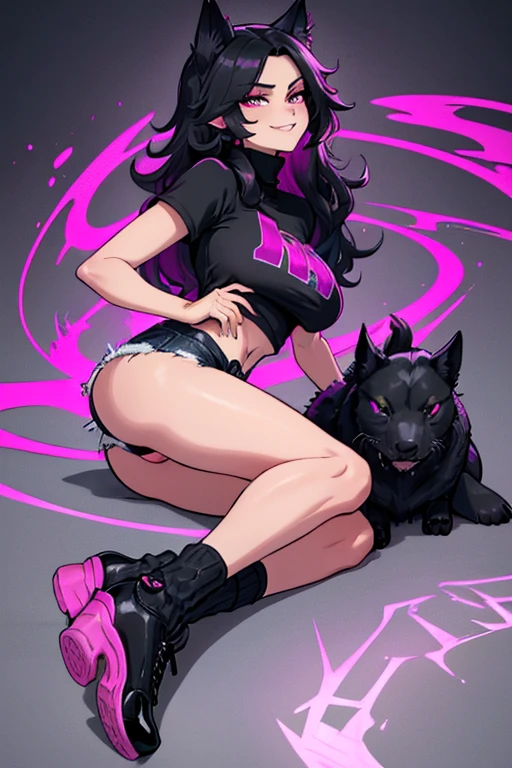 female, black long hair with magenta highlights, silver eyes, black wolf ears, black wolf tail (((1girl))), (((black turtleneck short sleeve t-shirt))), (black denim pants with magenta trim), (black shoes), (magenta cropped tracksuit jacket), cute and sexy, full body, large breasts, large butt, long legs, smiling