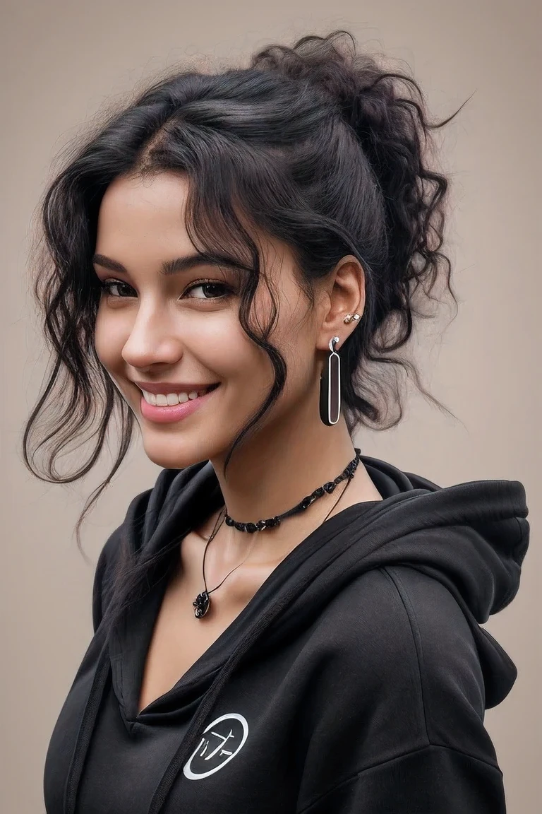 Masterpiece,Best,ultraclear, highr,-definition picture, (frontage) Solo,super detailed human face,Black wavy hairstyle,charming smile,Wear a black hoodie,wearing earing andnacklace,cleavage,