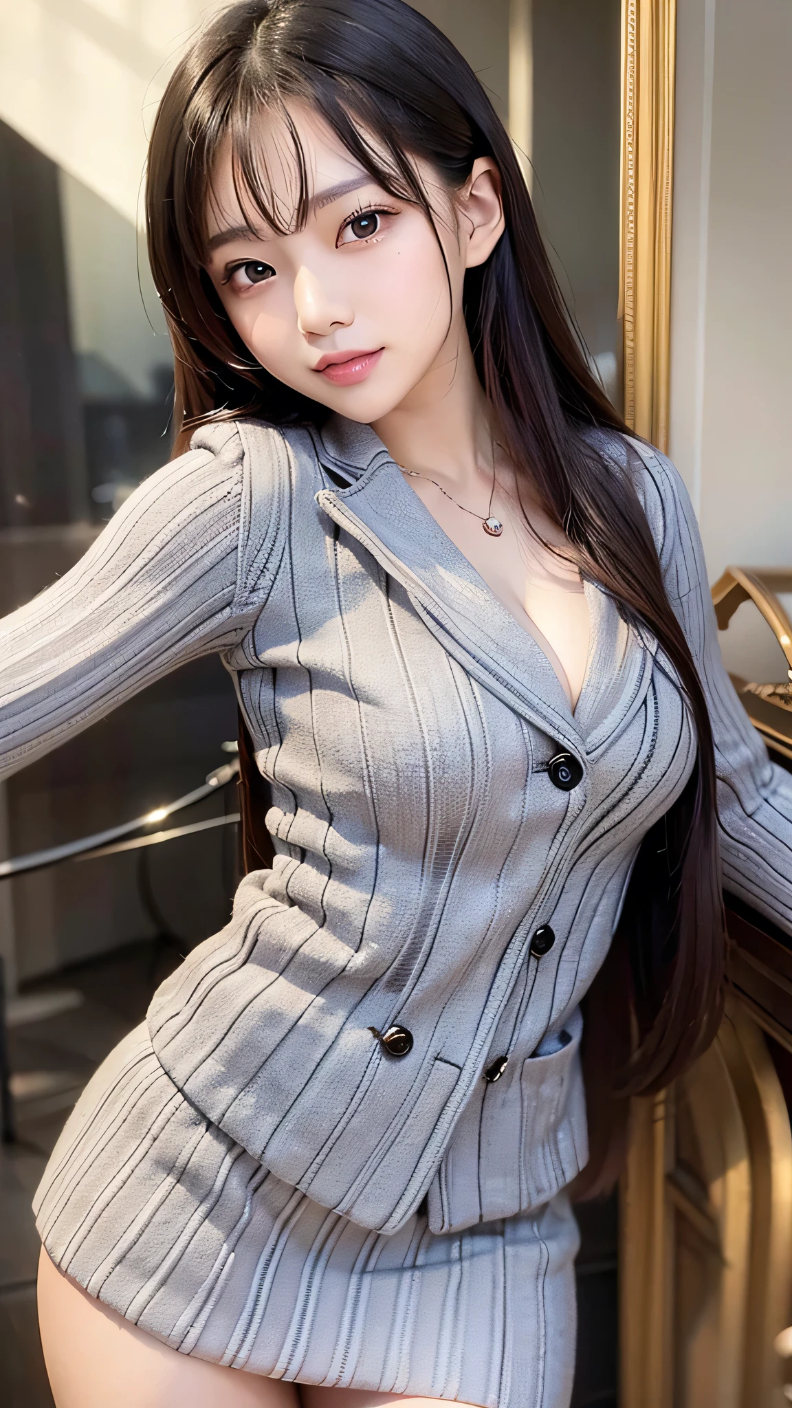 ((highest quality)), ((masterpiece)), (detailed), Perfect Face,Beauty,24-years-old,woman,Bright room,Sitting on the sofa,Wide legged,gray office lady suit,panty shot / upskirt