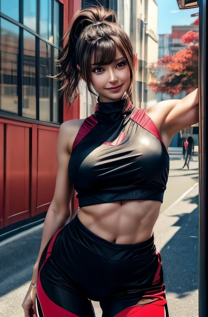 8k,Light brown short hair,so beautifulな日本の女性, Big and ample breasts,Big smile,so beautiful(Like the real thing)Black and red sporty outfit,Black and red sporty pants,　sexy,DeviantArt Artstation CGScosiety, 3DレンダリングCharacter Art8 K, Alena Aenami and Artgerm, Wojtek Fuss, Trending on Artstation 8k, Trending on artstation hd, Adventure Hyper Real Rendering, Perfect body with realistic shading, Photorealistic perfect body, Ultra-high resolution,Ultra-high resolution,Surreal,Fantasy art,Character Art,high quality,sexy,Brown hair shorthair,Strongly defined abdominal muscles,Muscular and slim body,Muscular and lean lower body,