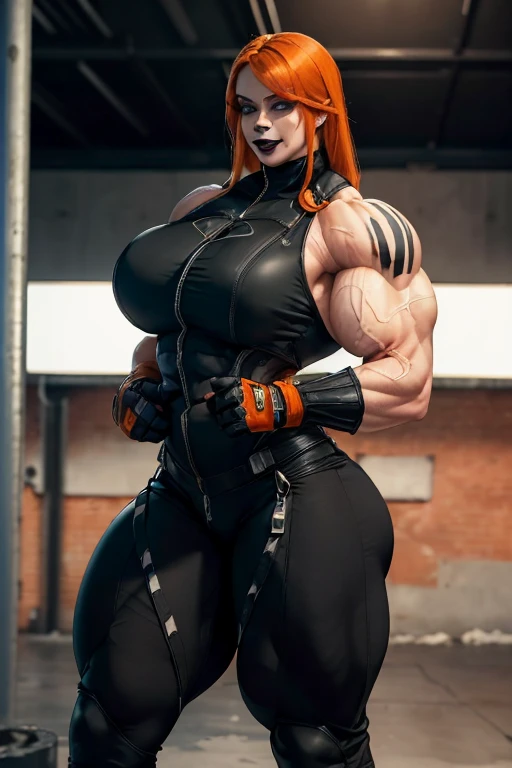 (((((Massive, tall, beautiful, buff, pale white skinned muscular woman with orange hair, black lipstick, ginormous bulky muscles and wearing a half-zipped black Stealth suit with pants))))), (close view), (massive muscles), massive biceps, hyper muscle shoulders, ginormous muscle arms, hyper muscle triceps, (shaggy long hair), green eyes, choker, (stealth belt), black boots, (fingerless gloves), (in an industrial building), sensual smile, night, hyper vascular arm, hyper muscles arms, hyper muscle legs, (massive arms).