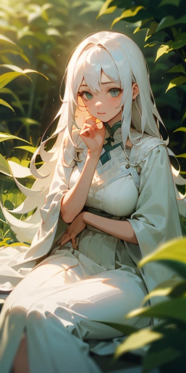 (masterpiece, best quality),1girl with long white hair sitting in a field of green plants and flowers, her hand under her chin, warm lighting, white dress, blurry foreground