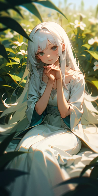 (masterpiece, best quality),1girl with long white hair sitting in a field of green plants and flowers, her hand under her chin, warm lighting, white dress, blurry foreground