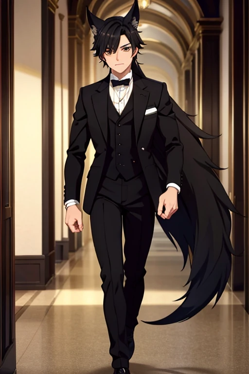 A black haired male student with golden eyes and black fox ears and a black fox tail in a Victorian suit is walking through the academy at night