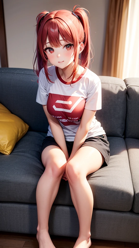 ore no imouto ga konna ni kawaii wake ga nai, 25-yers-old girl with crimson red hair- pulled up into twin ponytails, medium breasts, anime T-shirt, shorts, living room background sitting on couch