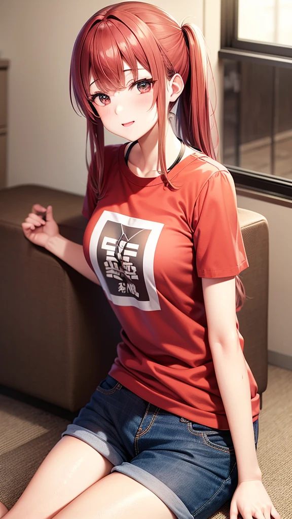 ore no imouto ga konna ni kawaii wake ga nai, 25-yers-old girl with crimson red hair- pulled up into twin ponytails, medium breasts, anime T-shirt, shorts, living room background sitting on couch