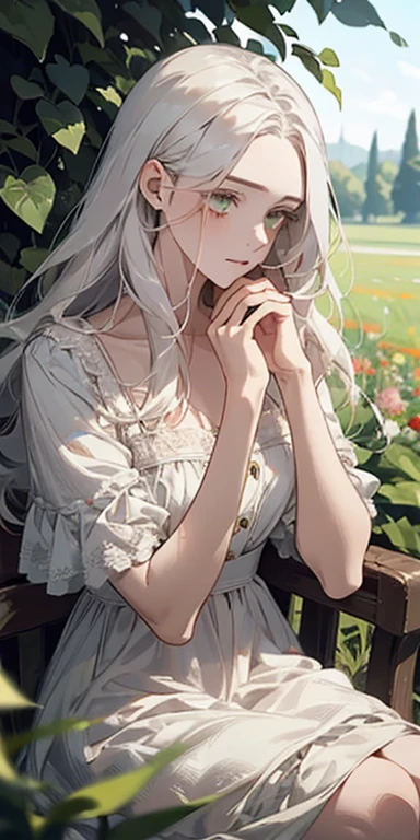 (masterpiece, best quality),1girl with long white hair sitting in a field of green plants and flowers, her hand under her chin, warm lighting, white dress, blurry foreground