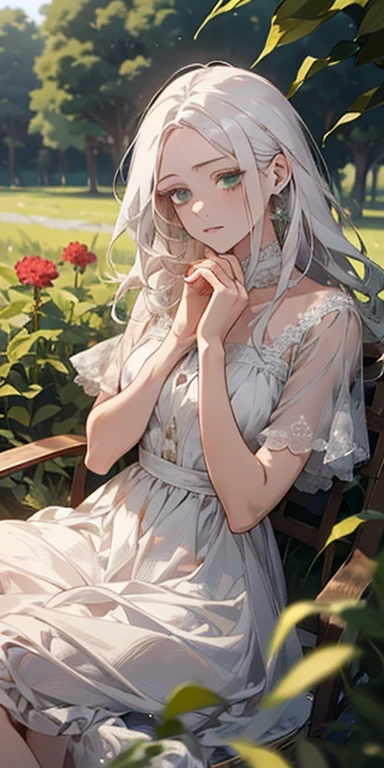 (masterpiece, best quality),1girl with long white hair sitting in a field of green plants and flowers, her hand under her chin, warm lighting, white dress, blurry foreground