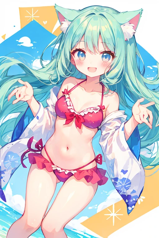 Beautiful illustrations, highest quality, pretty girl,beautiful girl、Clear Face、 Half-Japanese girl、pastel colour 、blush、Perfect hands、Thighs、(Perfect Face:1.1), smile、Cat ear、Gah、Swimwear、bikini