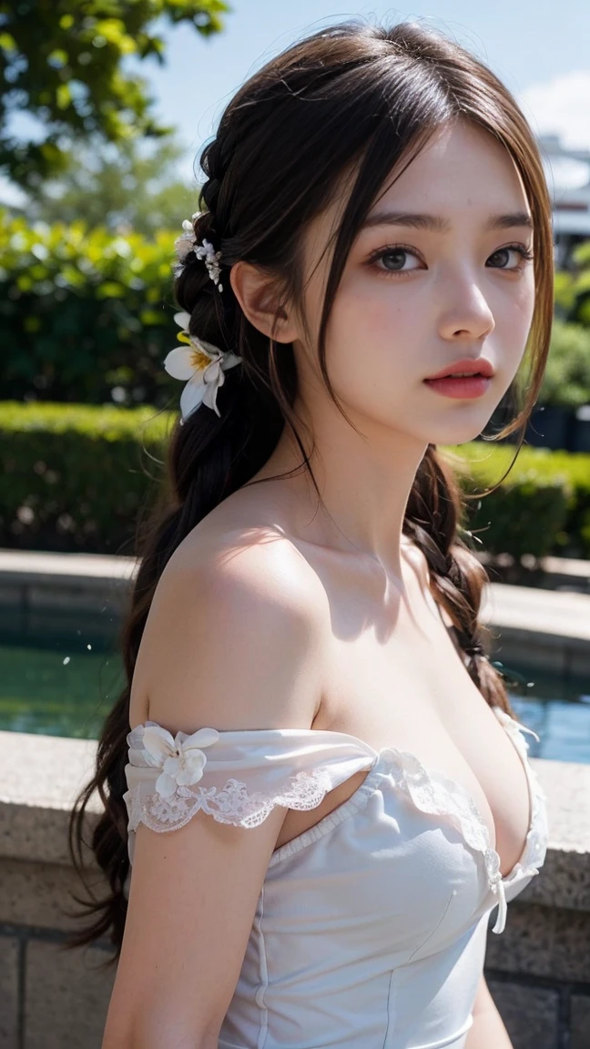 Masterpiece, Best Quality, Very Detailed, 8k, Photorealistic, soft focus, beautiful detailed eyes, detailed face, double eyelid, 1girl, solo, beautiful skin, real human skin, close-up shot, Half-body, beautiful firm breasts, mature body, 18 years old girl, beautiful girl, Japanese idol, (french braid:1.3), brown hair, BREAK, marigold-colored off shoulder satin dress with a wide open chest, standing by the big fountain in the botanical garden,NSFW,behind view,shoot from below,