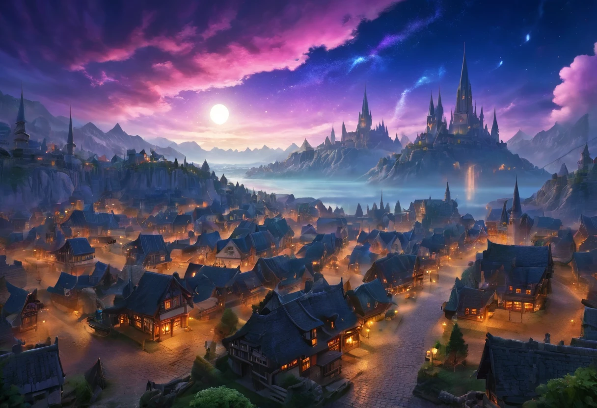 ((Elf Town: 1.5)), (masterpiece), (highest quality: 1.0), (Ultra-high resolution: 1.0), Detail view, Detailed landscape, Vibrant colores, 8k, evening, Lunar clouds, ((Magic, beautiful , wood: 1.4 )), ((highest quality, Vibrant, 32k clearly defined light and shadow)).