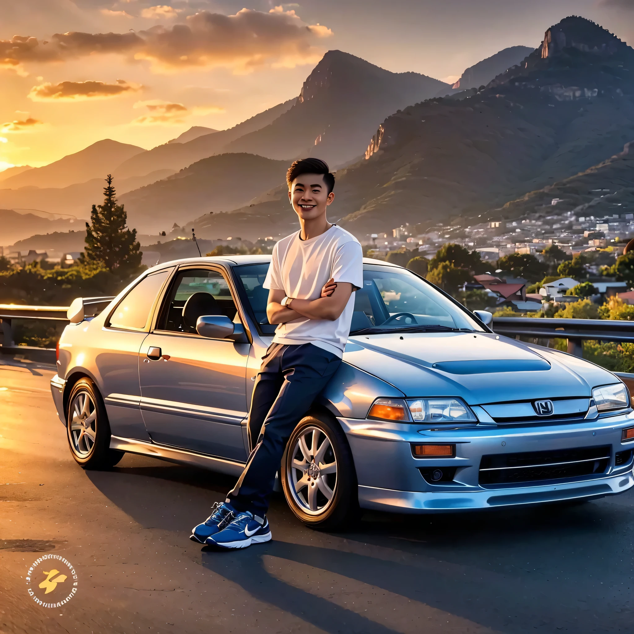 Hyper-realistic, intricate detail, high quality, professional photography,young asian man, with modern short hair, wearing casual attire, nike shoes, standing relaxed leaning against a modified metallic silver-blue 1990 Honda Grand Civic car, on the road, background of mountainous terrain in the evening, sunset, sunlight gleaming, smiling towards the camera.