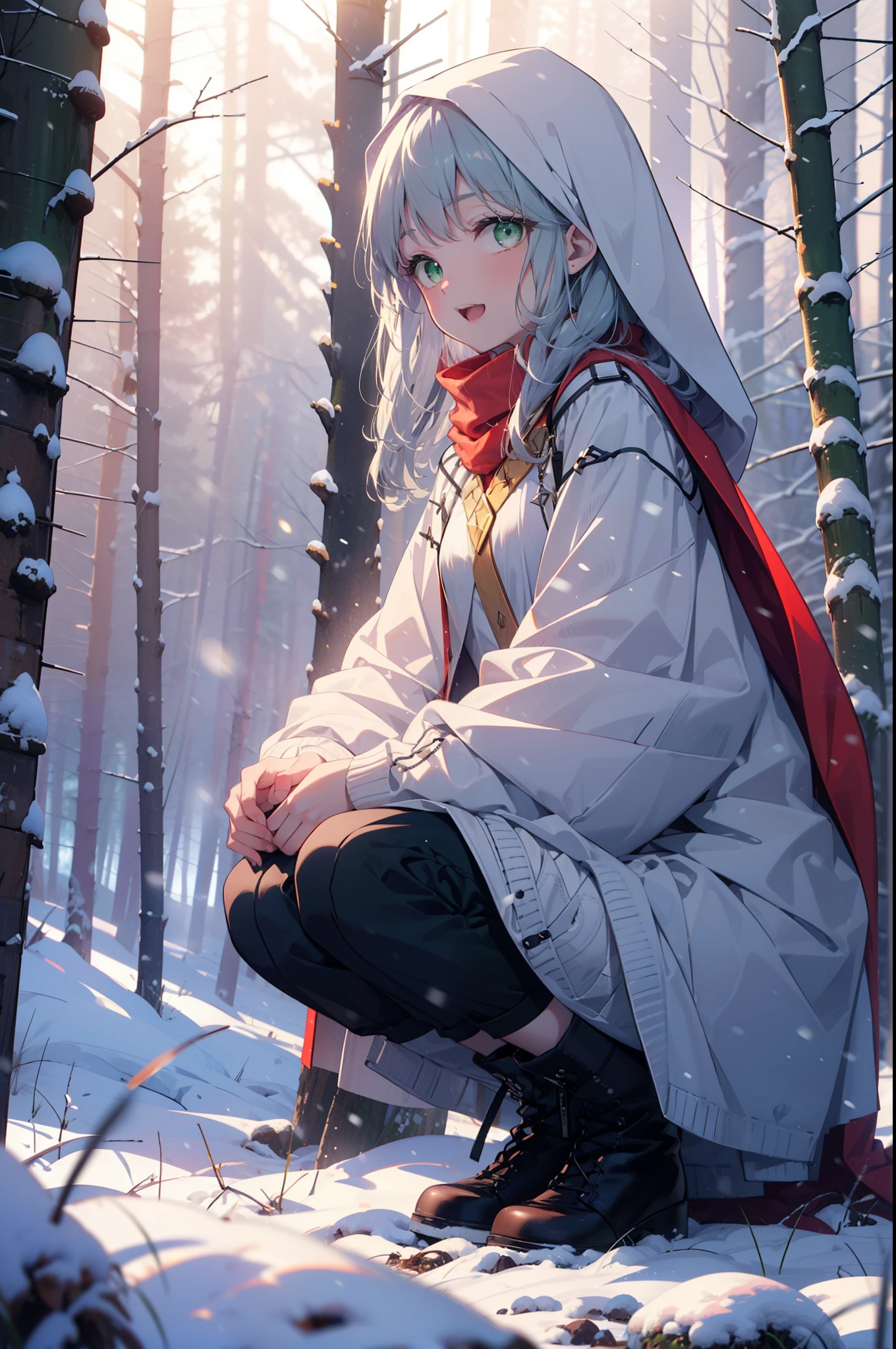 index, index, (Green Eyes:1.5), Silver Hair, Long Hair, (Flat Chest:1.2),happy smile, smile, Open your mouth,
Open your mouth,snow, fire, Outdoor, boots, snowing, From the side, wood, suitcase, Cape, Blurred, Food Up, forest, White handbag, nature,  Squat, Mouth closed, フードed Cape, winter, Written boundary depth, Black shoes, red Cape break looking at viewer, Upper Body, whole body, break Outdoor, forest, nature, break (masterpiece:1.2), highest quality, High resolution, unity 8k wallpaper, (shape:0.8), (Beautiful and beautiful eyes:1.6), Highly detailed face, Perfect lighting, Extremely detailed CG, (Perfect hands, Perfect Anatomy),