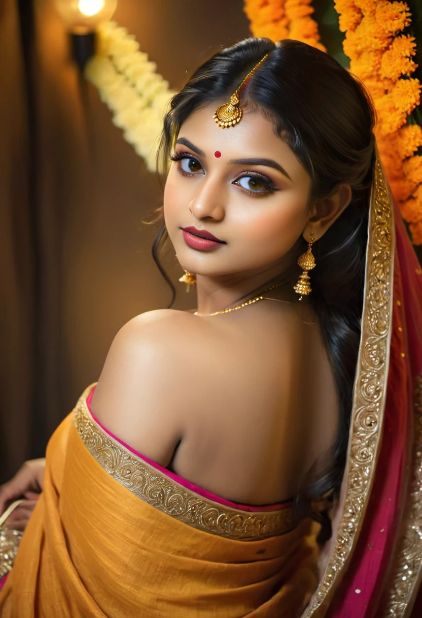 (best quality,4k,8k,highres,masterpiece:1.2),ultra-detailed,(realistic,photorealistic,photo-realistic:1.37),hot kerala girl in studio,20 years old,sexy wedding saree,firm breast,sexy ass,hourglass figure,slim body, honeymoon mood,sexy eyes,beautiful detailed lips,longeyelashes,medium breast,fit body,vivid colors,studio lighting,sharp focus,physically-based rendering,ultra-fine painting,professional,palette of warm tones,hints of gold,soft and sensual lighting