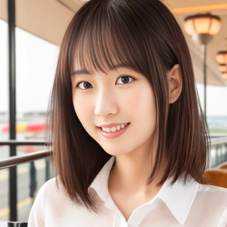 masterpiece、highest quality、High resolution、Tabletop、wallpaper、Realistic、Professional Lighting、Face Light、Smooth lighting、Japanese women、Beautiful woman、28 years old、Beautiful Skin、Beautiful and detailed、Detailed face、short hair、Black Hair、Brown eyes、Looking at the camera、Upper Body Shot, A stylish cafe terrace inside the airport, 1 girl, 若くて美しいJapanese women, Long Hair, Super cute face,Wearing a short-sleeved satin silk white shirt with a collar, Lots of smiles on the airport cafe terrace, Glossy Lips, Double eyelids on both eyes, Natural Makeup, Long eyelashes, shiny smooth black hair、Attention to detail, Detailed hairstyle, Perfect body,Before you leave for your trip abroad