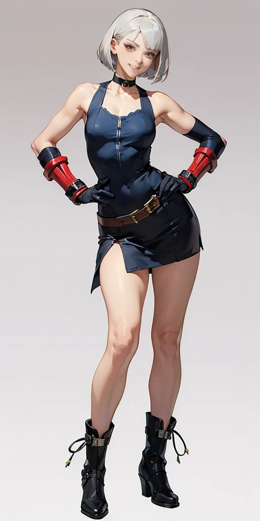 (Plain background 1:2) (Cammy White Street Fighter 6 with white silver short bob haircut) Female full body standing straight symmetrical feet together with WHITE Footless Tights, huge belt around waistline (choker, bracers, handcuffs, shackles, rerebrace, high boots with bootstraps, faulds, poleyn, gloves, gauntlets), lustful smirking smile face red blushed red cheeks, (hands (clenching) on hips)