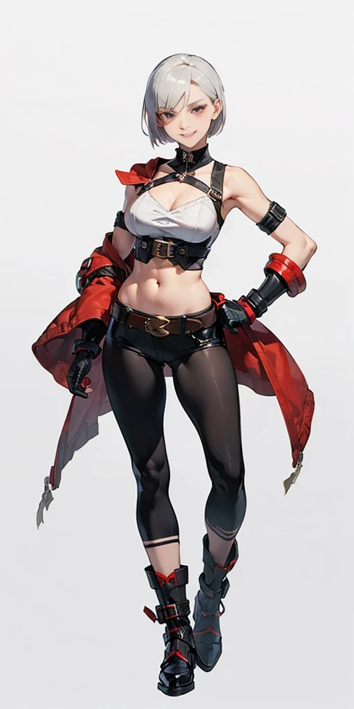 (Plain background 1:2) (Cammy White Street Fighter 6 with white silver short bob haircut) Female full body standing straight symmetrical feet together with WHITE Footless Tights, huge belt around waistline (choker, bracers, handcuffs, shackles, rerebrace, high boots with bootstraps, faulds, poleyn, gloves, gauntlets), lustful smirking smile face red blushed red cheeks, (hands (clenching) on hips)