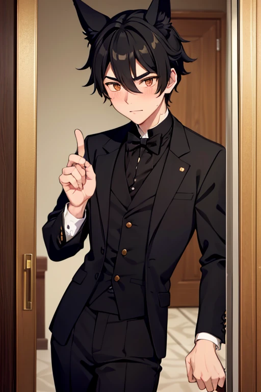 A black haired male student with golden eyes and black fox ears and a black fox tail in a Victorian suit is leaning on door frame with a blush on his cheeks
