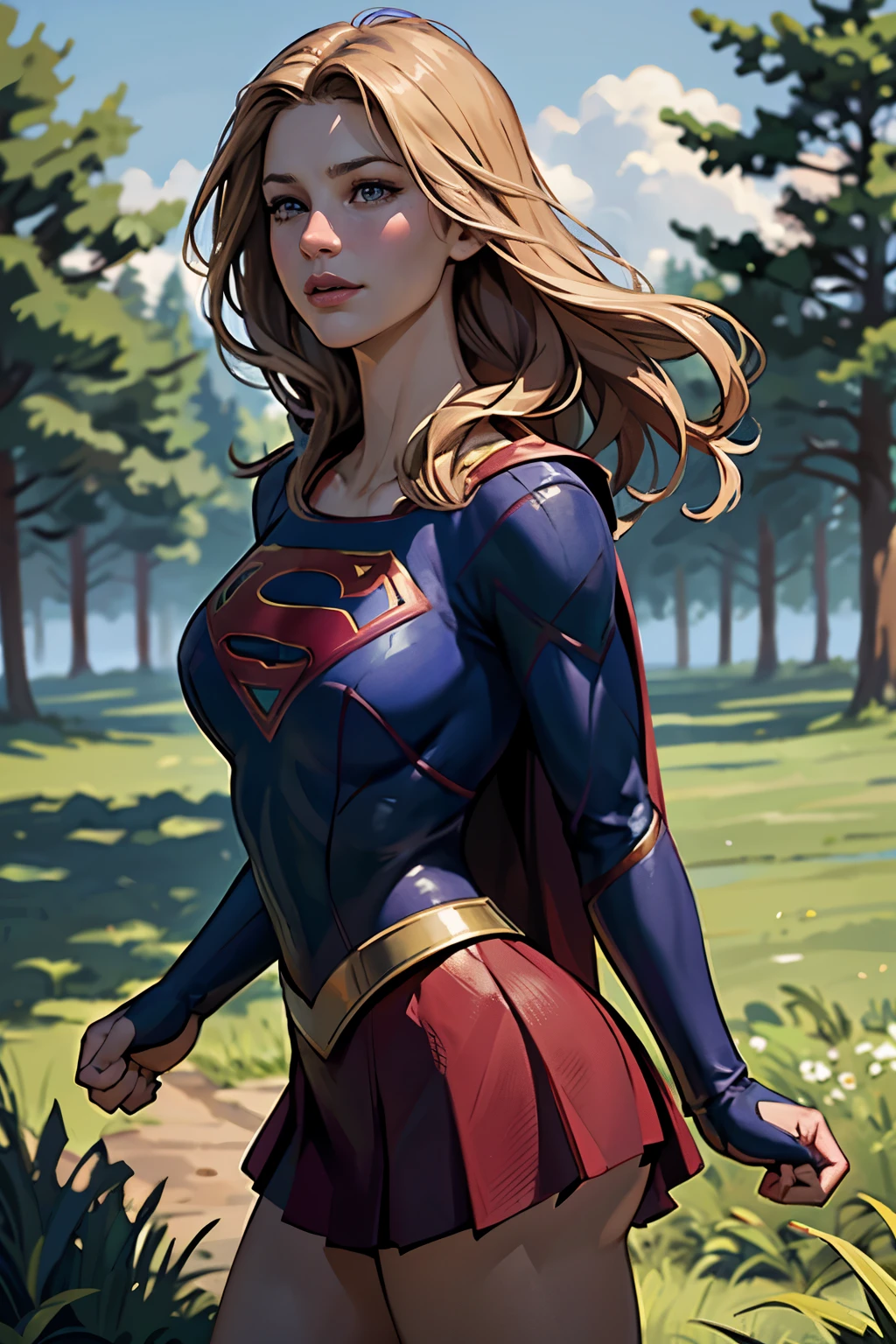 ((highest quality)), ((masterpiece)), (be familiar with), (High definition), (Realistic), (Realistic), (Best Shadow), Low contrast, (Complex:1.4), Side lighting, 8K, ((melissa Benoist)), ((SUPER GIRL)), Perfect Face、Detailed、(Accurate hand and finger depiction)、supergirl women、Blonde、Voluptuous body、((Large Breasts))、Narrow waist、Big Ass、Alluring、glamorous、((Bust Shot))、sweating、On the grass、in the deep forest、blue sky、((Bust up:1.2))