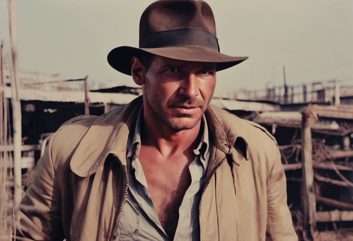 Indianajones Person visiting an abandoned factory in India. Sideshow, eerie moody, iconic hat, film grain movie scene.