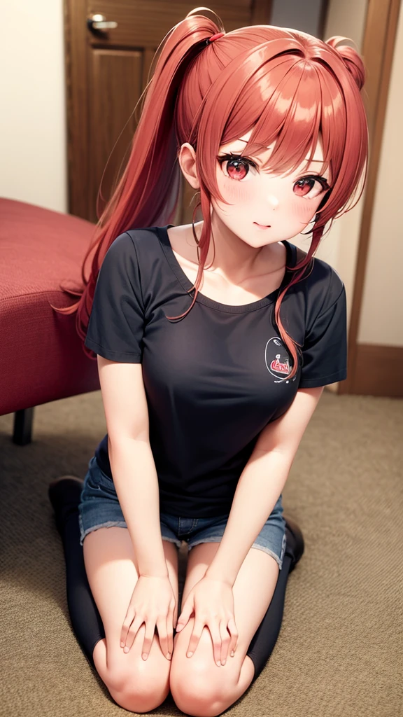 ore no imouto ga konna ni kawaii wake ga nai, 25-yers-old girl with crimson red hair- pulled up into twin ponytails, medium breasts, anime T-shirt, shorts, living room background
