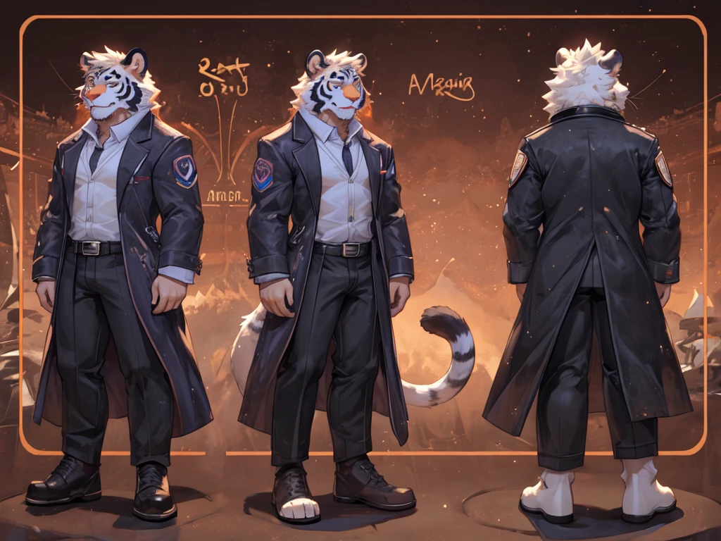 bara tall white tiger furry, dim lighting, purple eyes, purple suit jacket over white dress shirt and trousers, fursona reference sheet