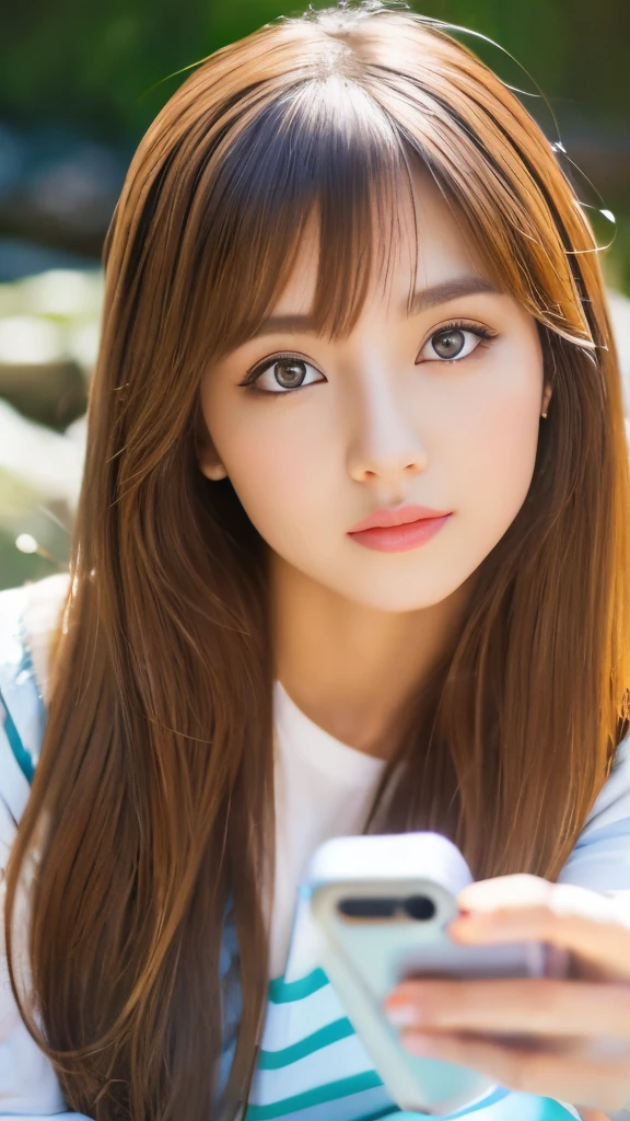 Best quality, 8k,  ,Masterpiece :1.3)), facing viewer,((full body1.2)) ,pretty woman, wide shot ,1girl, , selfie   , , Waterfall, brown hair  , bangs,ultra-detailed face, highly detailed lips, detailed eyes, double eyelid