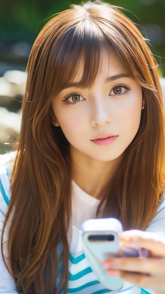 Best quality, 8k, ,Masterpiece :1.3)), facing viewer,((full body1.2)) ,pretty woman, wide shot ,1girl, , selfie , , Waterfall, brown hair , bangs,ultra-detailed face, highly detailed lips, detailed eyes, double eyelid