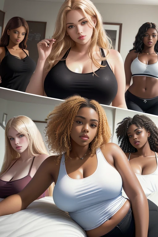 (A single black man laying on his back, wearing shorts, in-center of composition, in-bed) A diverse group of five young adult Americans, representing different ethnicities and characteristics, wearing yoga-pants and tank-tops, displays their unique beauty with perfect bodies, large breasts, wide thicc-hips, Among them, there are blonde young adult girls with auburn hair, emanating an air of natural elegance. Brown young adult girls with silky locks and a captivating sheen show off their exotic beauty. Also present are black young adult girls with stunning curly hair, highlighting their authenticity and cultural pride, (the women surround a singular BLACK MAN with short-hair, from all sides) (in a bed) the women kiss the singular Black Man, touch the singular Black man, (extremely detailed CG unity 8k wallpaper:1.5),<(masterpiece:1.5), (best quality:1.7), high resolution illustration, (finely detailed eyes and detailed face:1.3), (detail:1.3, best quality, (ultra-detailed), (an extremely delicate and beautiful), (illustration), (painting),(masterpiece:1.5),cinematic light,dynamic angle,floating,sharp focus,(2d:1.7), (best quality:1.3),(illustration:1.1),((disheveled pale-blond hair:1.2),(beautiful detailed eyes:1.1),(cinematic light:1.1)