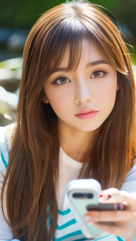 Best quality, 8k, ,Masterpiece :1.3)), facing viewer,((full body1.2)) ,pretty woman, wide shot ,1girl, , selfie , , Waterfall, brown hair , bangs,ultra-detailed face, highly detailed lips, detailed eyes, double eyelid