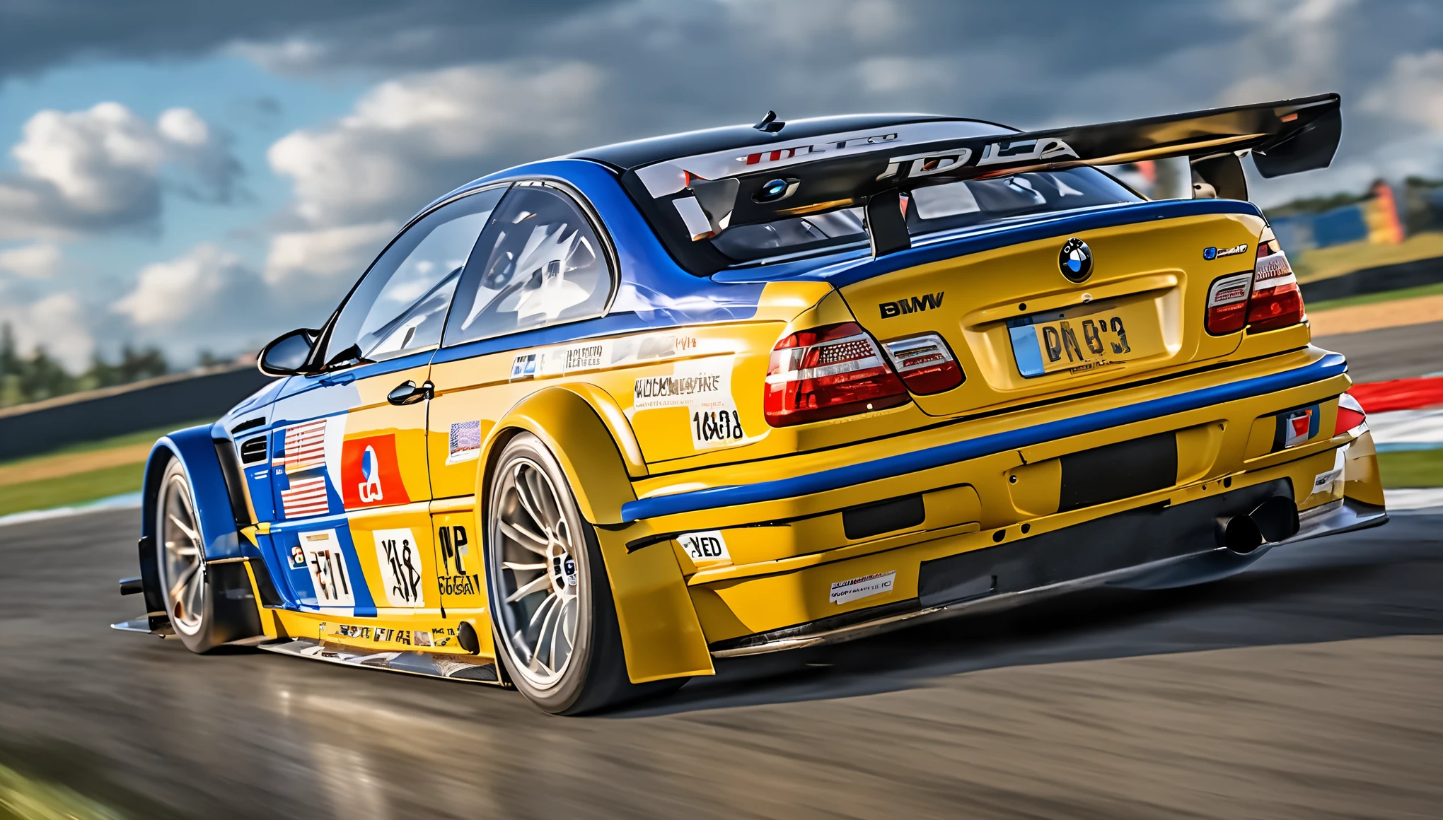 BMW M3 GTR E46, masterpiece, best quality, in motion, full specular sharpened 3D, HDR, UHD, vivid colors, occlusion, masterpiece, panorama, super detail, accurate, best quality, 16K, ultra-super quality, ultra-photo realistic detail, utltra-high nanite atmospheric lighting, ultra-high detailed reflections, very far shot, ultra-wide angle, 4D composite mapping, ultra-high 3D depth mapping quality, ultra-high render quality, OLED, dynamic rich shadows, ultra-high realistic graphics, HDR, (very far shot), ultra-high background detail, god rays, backlighting