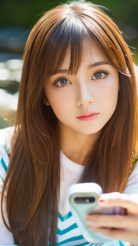 Best quality, 8k,  ,Masterpiece :1.3)), facing viewer,((full body1.2)) ,pretty woman, wide shot ,1girl, , selfie   , , Waterfall, brown hair  , bangs,ultra-detailed face, highly detailed lips, detailed eyes, double eyelid