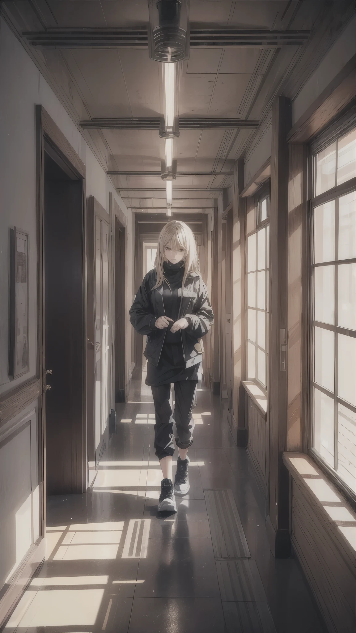 ((Inside the complicated room,dim rooms,)),one woman,20 years old woman,she’s wearing army style clothes,short blonde hair,she’s walking the corridor