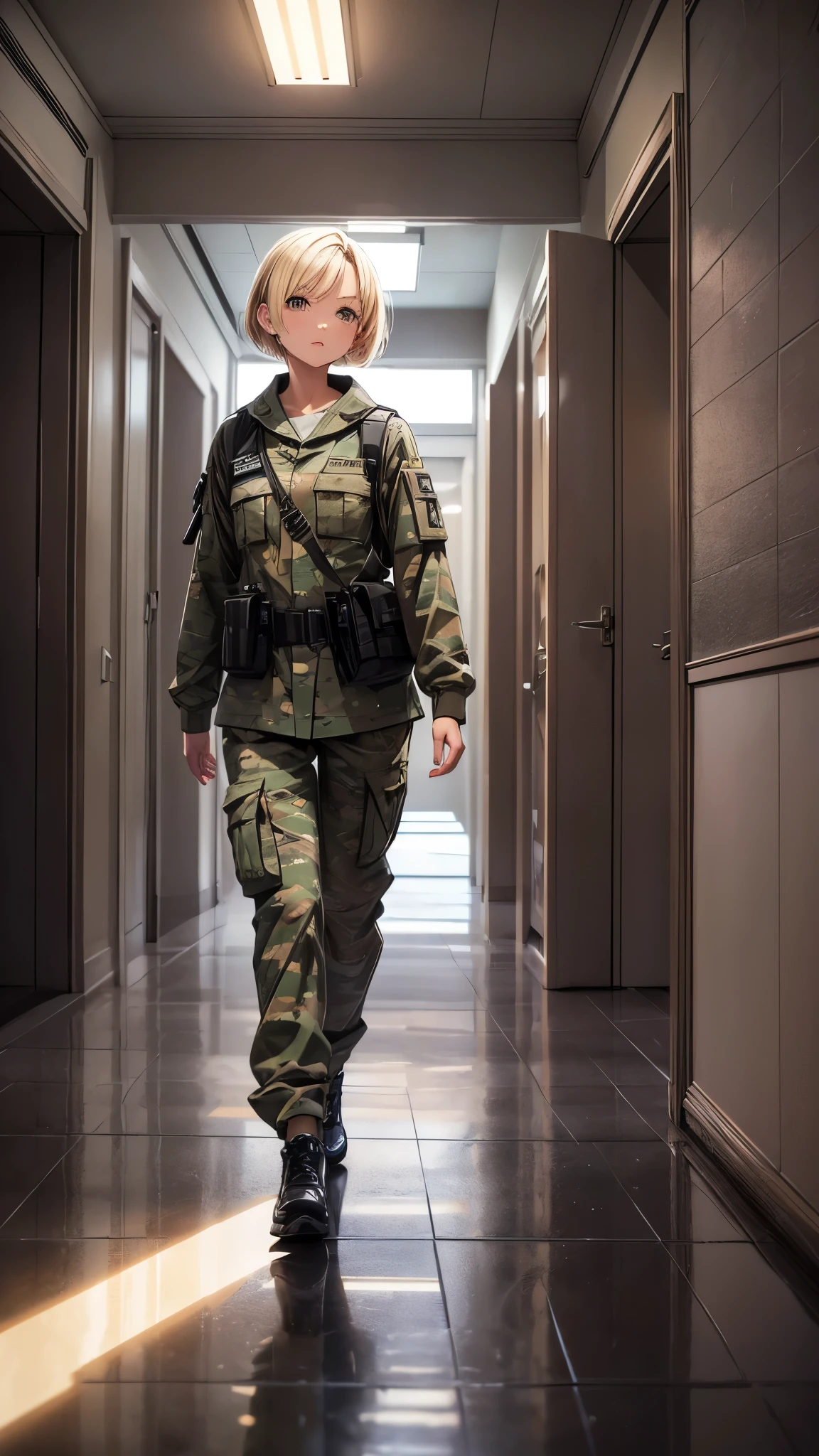 ((Inside the complicated room,dim rooms,)),one woman,20 years old woman,she’s wearing army style clothes,short blonde hair,she’s walking the corridor