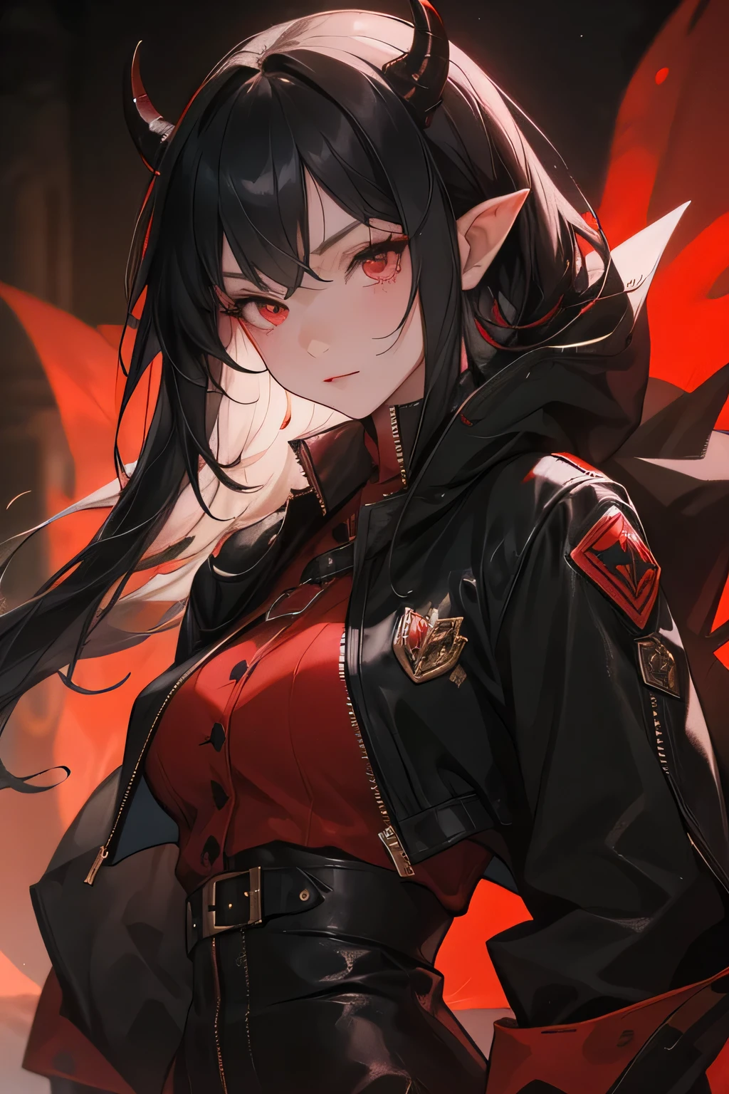 black hair, Girl, pointy ears, red eyes, wearing a jacket and leather cause, vampire, 4k, Black Dragon Horns