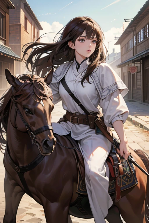 (absurdres, highres, ultra detailed),masterpiece,best quality,high resolution,8k,Realistic face,Realistic skin texture,magnified textures, stunning clarity,ultra detailed anime girl,(medieval central asia:1.3),action pose,dark brown hair,have sword,look at viewer,cowboy shot,silkroad,oasis,market,riding horse
