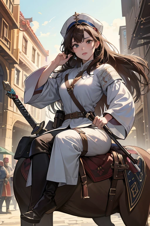 (absurdres, highres, ultra detailed),masterpiece,best quality,high resolution,8k,Realistic face,Realistic skin texture,magnified textures, stunning clarity,ultra detailed anime girl,(medieval central asia:1.3),action pose,dark brown hair,have sword,look at viewer,cowboy shot,silkroad,oasis,market,riding horse