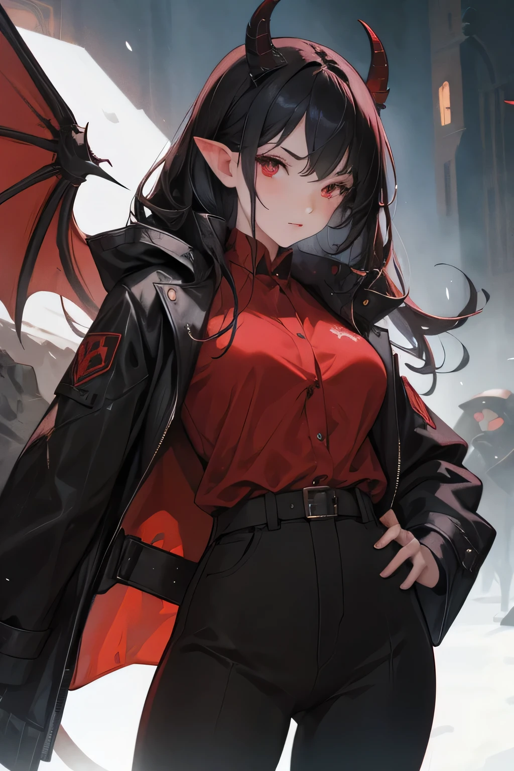 black hair, Girl, pointy ears, red eyes, wearing a jacket and leather cause, vampire, 4k, Black Dragon Horns