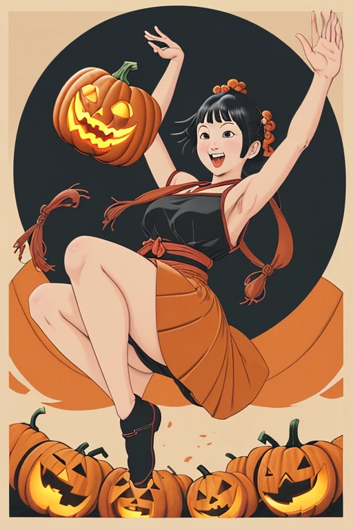  an ukiyoe  of a cute pumpkin  girl jumping out of the Magic Circle

