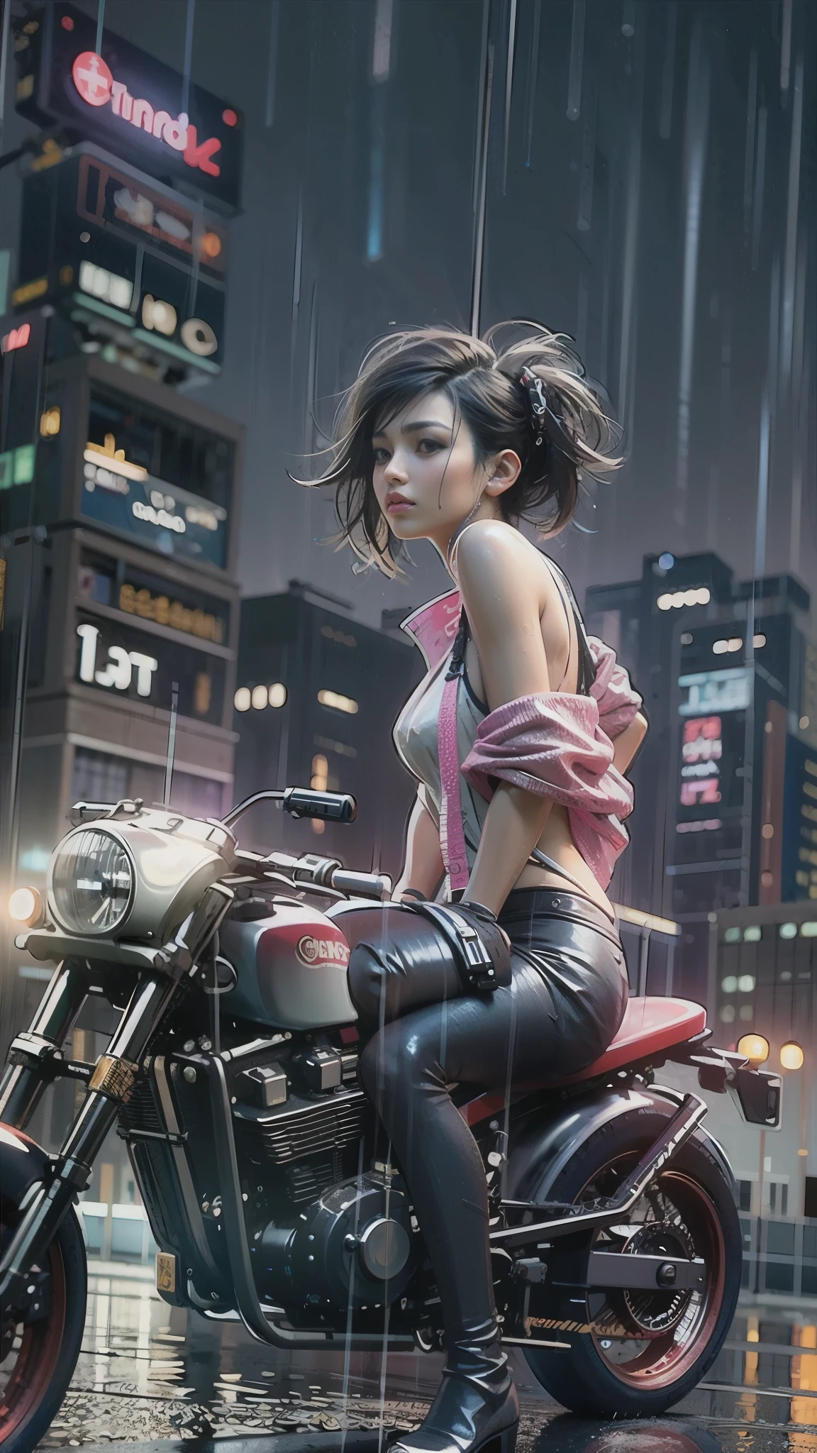 (Realistic:1.3, 16k, highest quality, masterpiece, Ultra-high resolution), ((rain, From below)), Perfect dynamic composition:1.2, (Modern futuristic city at night, Expressions of sadness:0.5, motorcycleを運転する:0.5), Highly detailed skin and facial textures:1.2, Young Japanese Woman, Incredibly slim body, Fair skin, Sexy beauty, Very beautiful face, beautifully、aesthetic, (Pink tight skirt, Wear cyberpunk clothes), (Shapely breasts, Chest gap), (Big eyes that exude beautiful eroticism, Lips that exude beautiful eroticism), necklace, Earrings, bracelet, wedding ring, Shoulder bag, clock, sunglasses, motorcycle, Cowboy Shot