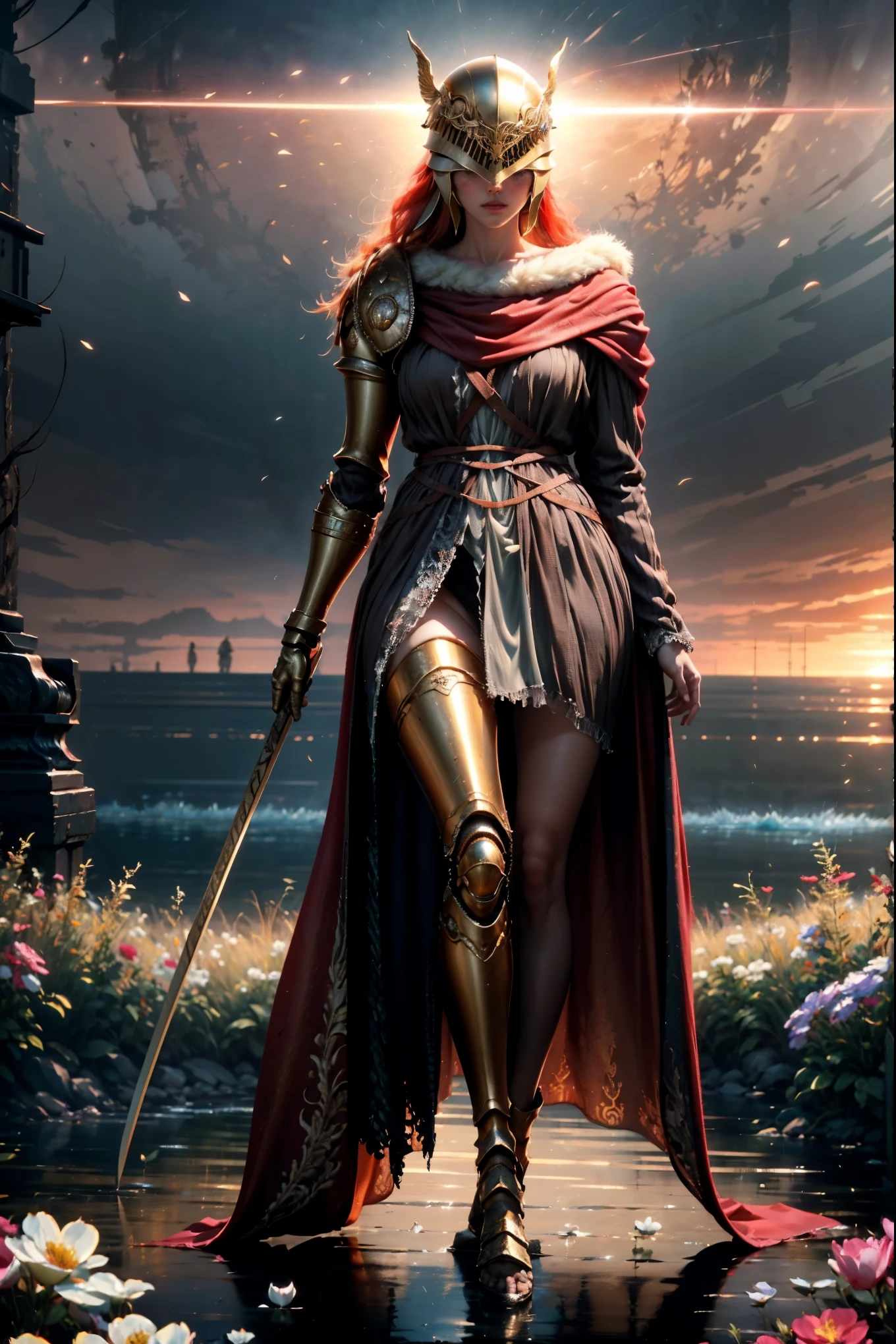 Highly detailed, High Quality, Masterpiece, beautiful, Malenia, prothestic leg, single mechanical arm, prosthesis, armor, cape, helmet, brown dress, sword, holding sword, full body, wide shot, flower, water, solo, sunset, stylebuff, night, (dark environment), Highly detailed, high quality, masterpiece, beautiful, 1 girl, prosthetic leg, single mechanical arm, prosthesis, MaleniaDef, armor, cape, helmet, brown dress, full body, (best quality)), ((masterpiece: 1.2) ), (extremely detailed: 1.1), (8k, high quality, cinematic, hyper realistic, illustration), (autodesk maya, octane rendering, unreal engine, game character, ray tracing, hdr), (16mm focal length , f/4 aperture, dynamic perspective, depth of field), (1 girl, dynamic angle, casting pose. malenia, long bright red hair like blood, brown thorn-woven dress, single mechanical arm, prosthetic leg, prosthesis, boots of battle. Cloak of blood, underlying golden armor, valley of withered flowers, ancient sculptures around it), 3d, realistic, CG, 3D model, beautiful, elegant, confident, (hdri, bloom, edge lighting, soft lighting, discreet), zhongfenghua, delicate\(armor\) ancient robe, golden helmet, mage_glam, caftan,