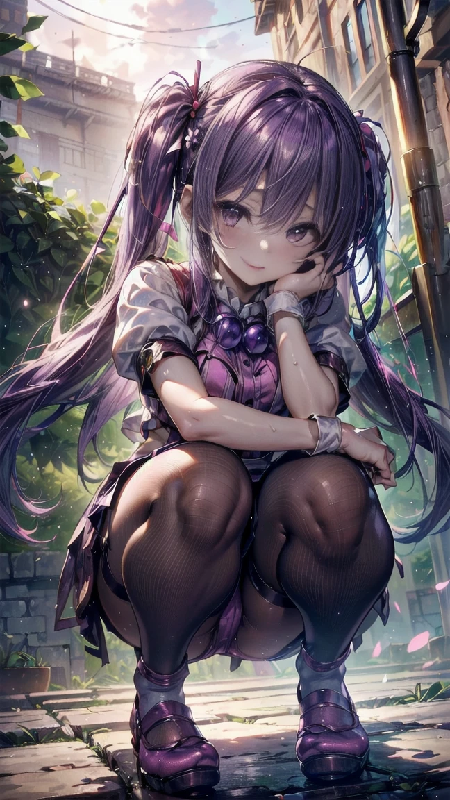 (Images that are not subject to viewing restrictions:1.5),(BESTquality),(16K),(Super Resolution),(White-skinned cute beauty),(Delicate anime),(High twin tail hair:1.5)(very cute),(very cute美女)(1 person),(Very delicate),(Squat with your feet wide apart:1.8),(smile),(Beautiful body:1.3),(Smart body:1.3),(Angle from below:1.2),(Worshiped by everyone:1.2),(Frilled Skirt:1.3),(blush),(誘うようなsmile:1.3),(PINK Panties:1.3),(Sit with your crotches wide open to the left and right.:1.8),(PINK Pantiesのスーパーモデル:1.3),(Sharp details of the crotch:1.2),(Bright lighting),(Belly button exposed:1.2),(See-through panties:1.2),(Frill Panties:1.3),(Thin suspenders:1.2),(White knee socks:1.2),(garter belt:1.3),(Sweating profusely),(Very hot day),(heavily torn clothes:1.3),(Belly button dent),(pink pump shoes:1.5),(Squatting with legs wide open on both sides for a sports diet:1.2),(Angle from directly below the model:1.3),(DOUBLEHAND BEHIND HEAD AND SQUAT:1.3) ( purple hair:1.3 ),({ Asamiya Athena :1.3 }),