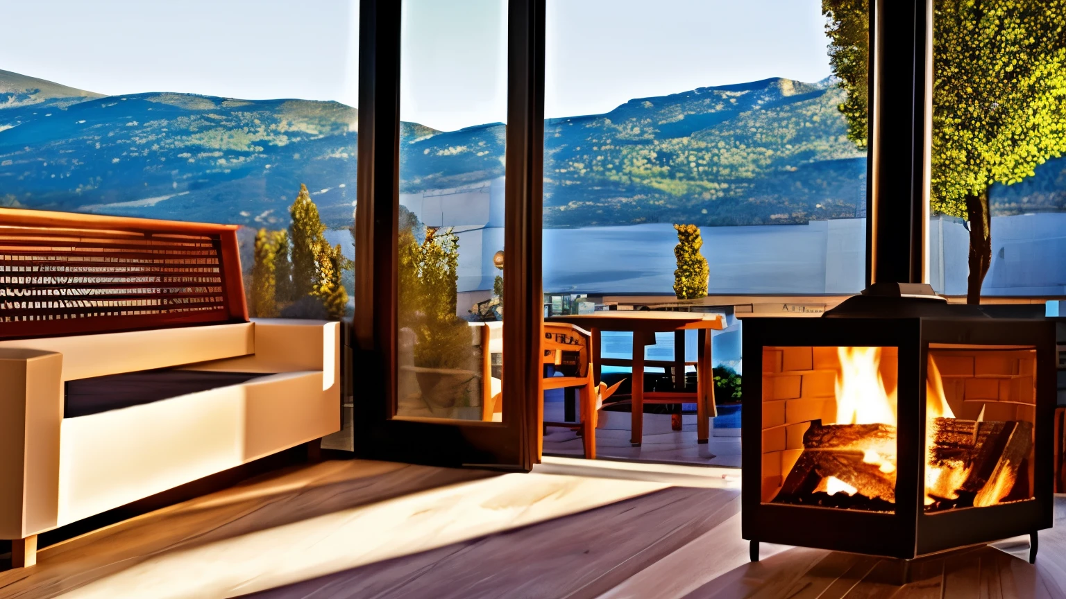 fireplace inside a cafe with a view of the terrace