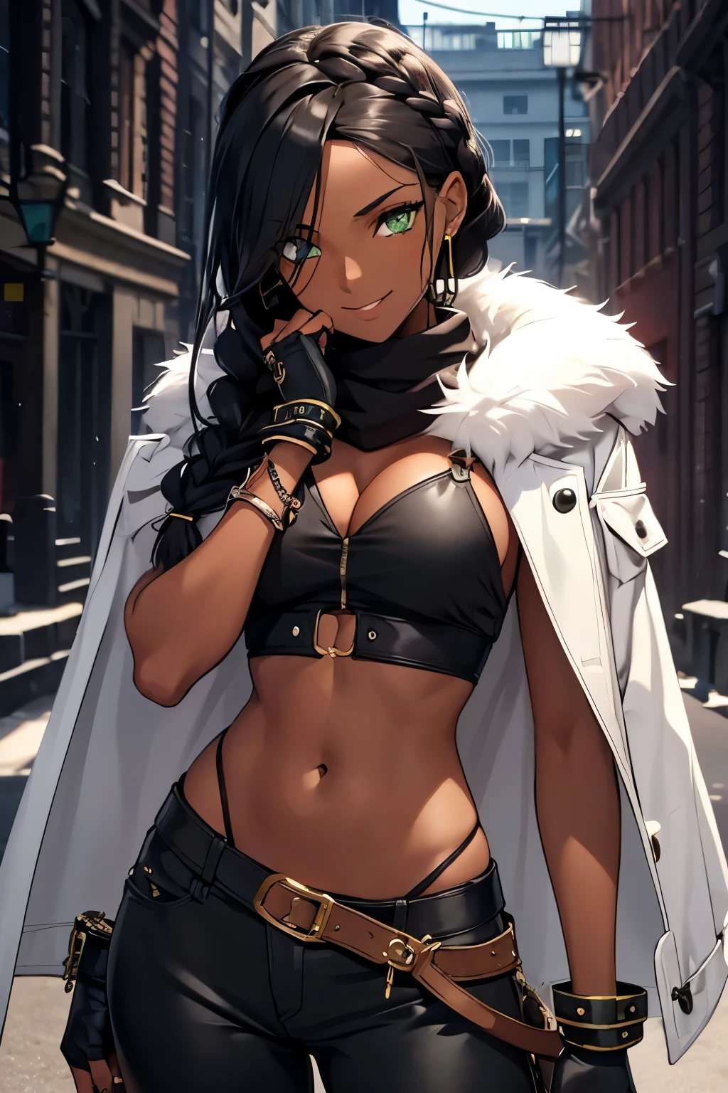 eyepatch, dark-skinned_female, navel, dark_skin, braid, black_hair, long_hair, arm_tattoo, black_gloves, green_eyes, midriff, jewelry, white_scarf, bracelet, fingerless_gloves, looking_at_viewer, smile, hand_on_hip, fur_jacket