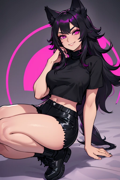 female, black long hair with magenta highlights, silver eyes, black wolf ears, black wolf tail (((1girl))), (((black turtleneck short sleeve t-shirt))), (black pants with magenta trim), (black shoes), (magenta cropped tracksuit jacket), cute and sexy, full body, large breasts, large butt, long legs, smiling