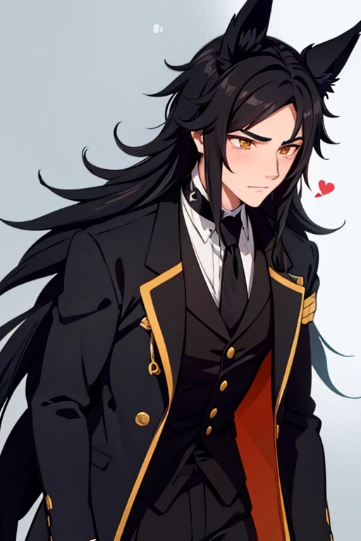 A black haired male student with golden eyes and black fox ears and a black fox tail in a Victorian suit is blushing with the anime bubbles behind him