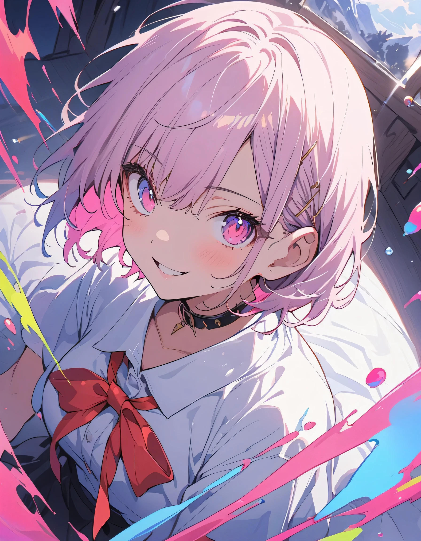 (highest quality、masterpiece、High resolution、detailed)、Anime Style、Flat Style、(Shine eyes、Beautiful Face), BREAK,1 girl、(Short Bob Hair、Dark blue and pink hair、Pink inner collar)、Casual Coordination、floating, (High saturation), (Colorful Splash), Colorful bubbles, (Shine), Focus on the face,extremely detailed、floating, (High saturation),(The Shining), Best lighting, Best Shadow、Peck finger, ((masterpiece)), highest quality, One girl, eye shadow, Full Body,Dynamic Angle、 Portraiture,